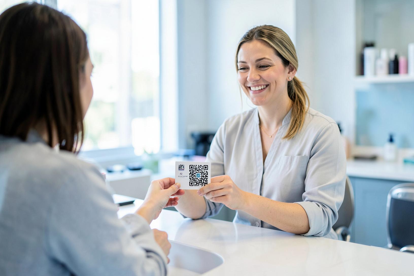 A salon owner handing a customer a review card with a QR code