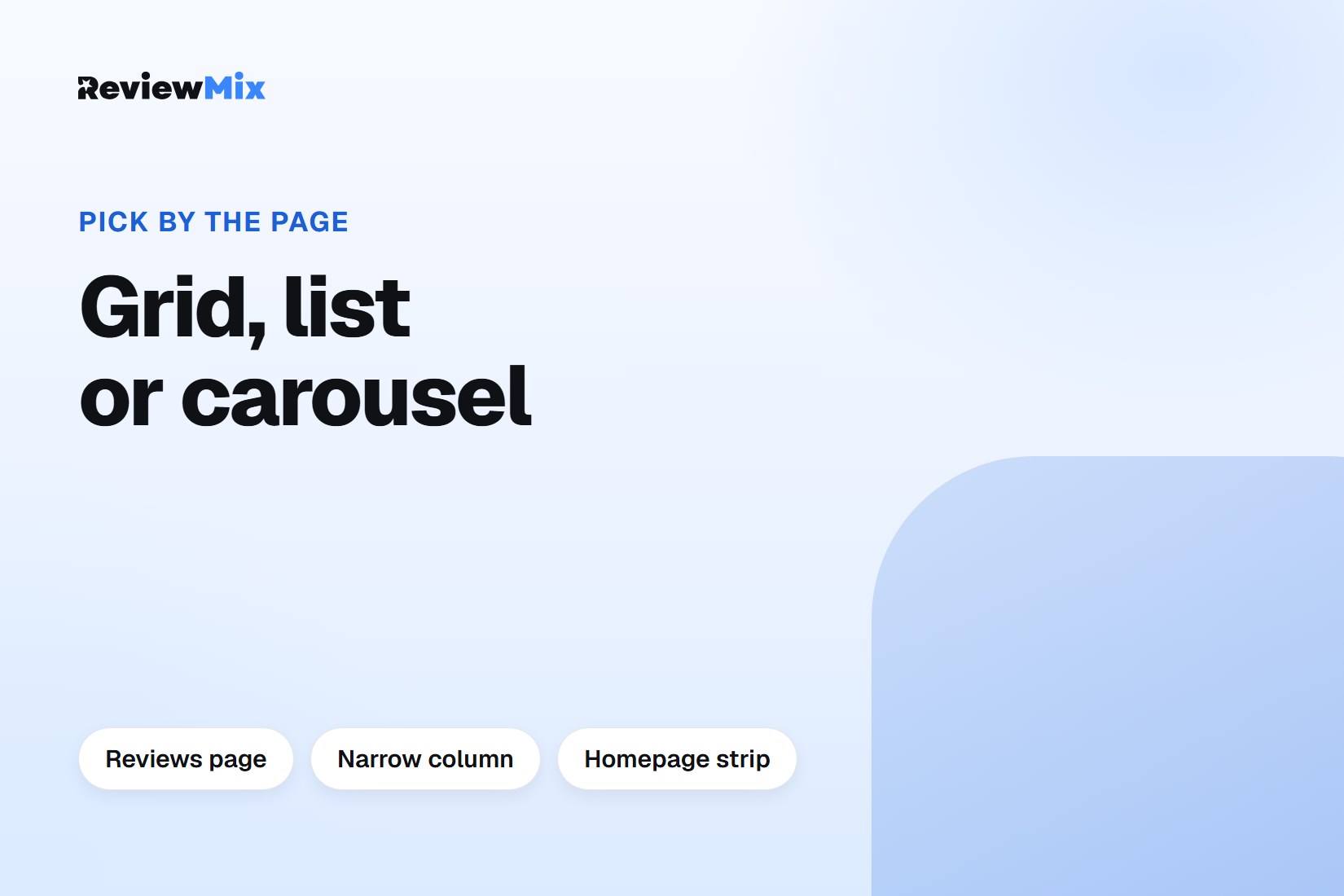 Grid, list and carousel arrangements for customer reviews on a business website